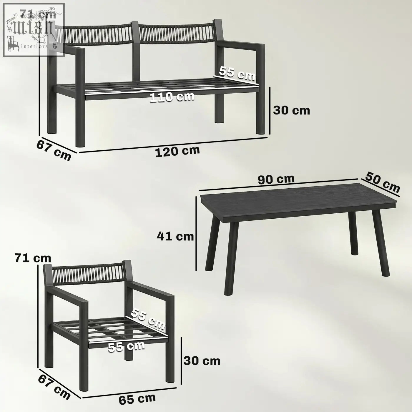 Outsunny black metal garden furniture set with bench armchair and coffee table featuring slatted seating and backrests