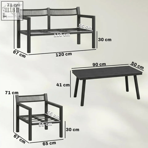 Outsunny black metal garden furniture set with bench armchair and coffee table featuring slatted seating and backrests