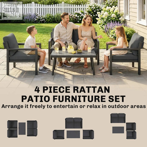 Outsunny 4 seater black rattan garden furniture set with dark gray cushions including armchairs loveseat and coffee table