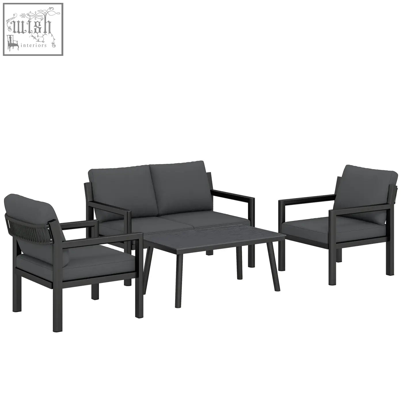 Outsunny 4 seater rattan garden furniture set with black metal frame dark grey cushions and matching coffee table outdoors