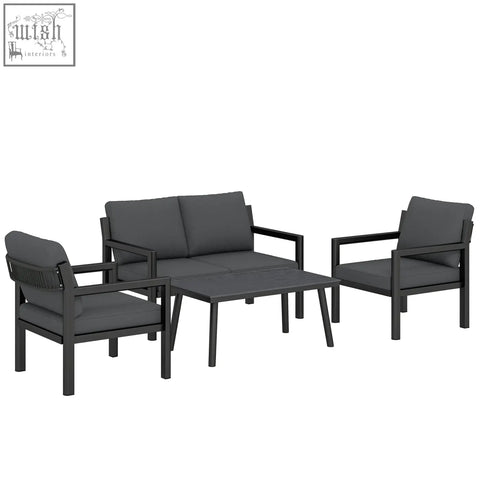 Outsunny 4 seater rattan garden furniture set with black metal frame dark grey cushions and matching coffee table outdoors