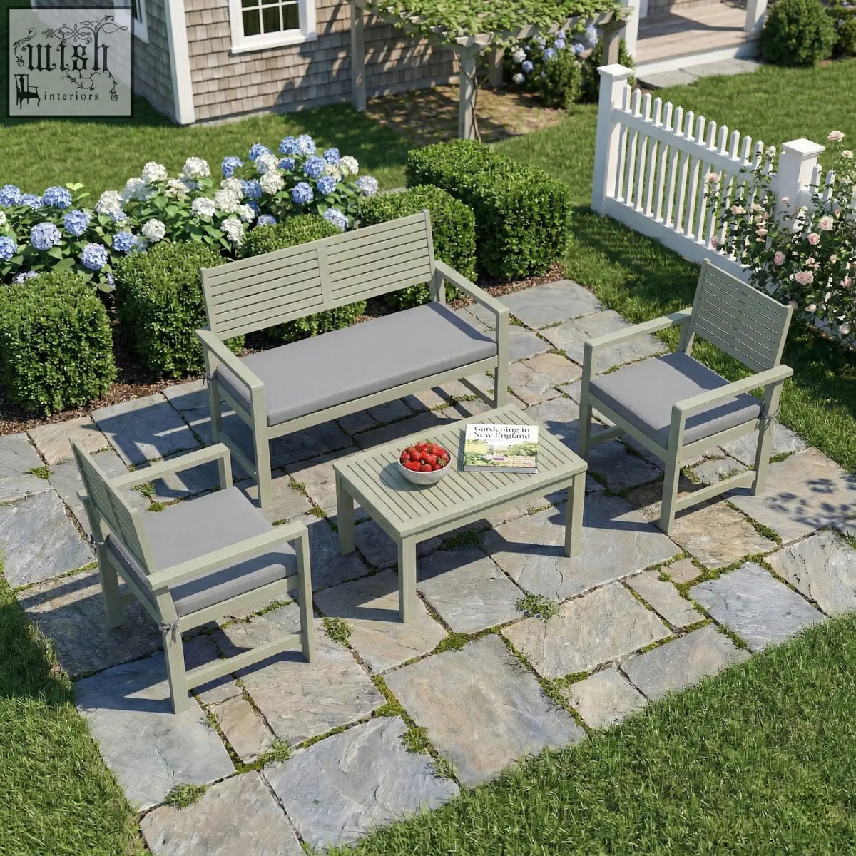 Gray slatted acacia wood furniture set with loveseat, armchairs, and coffee table for outdoor patio use