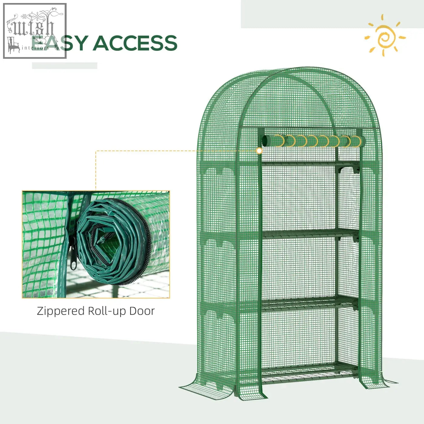 Green mesh greenhouse with metal frame, roll-up door, and three shelves as a protective shell for plants