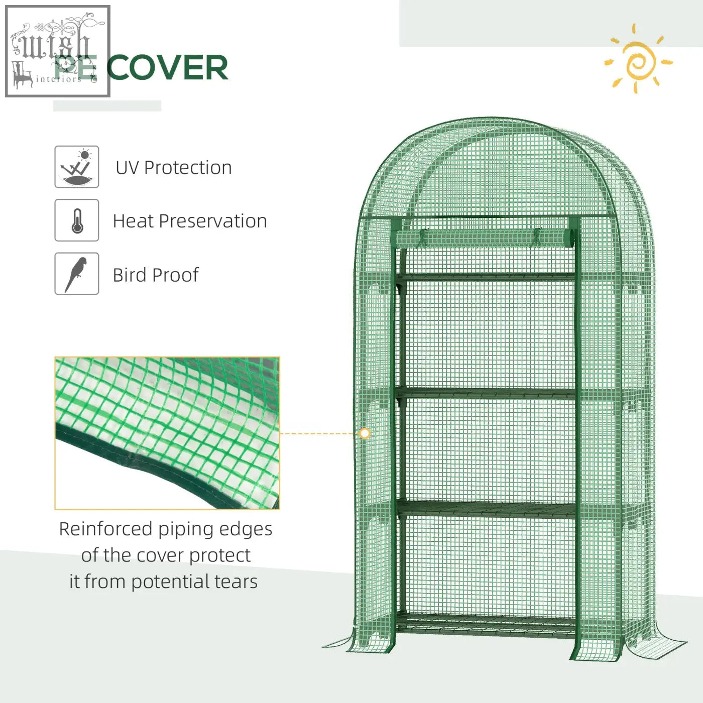 Outsunny 4 tier mini greenhouse with green pe protective shell, roll-up door, metal frame, and reinforced piping edges