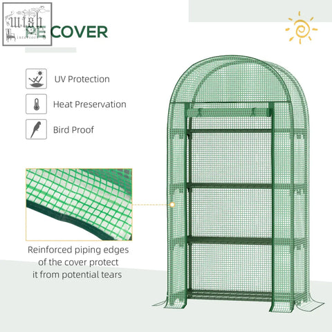 Outsunny 4 tier mini greenhouse with green pe protective shell, roll-up door, metal frame, and reinforced piping edges