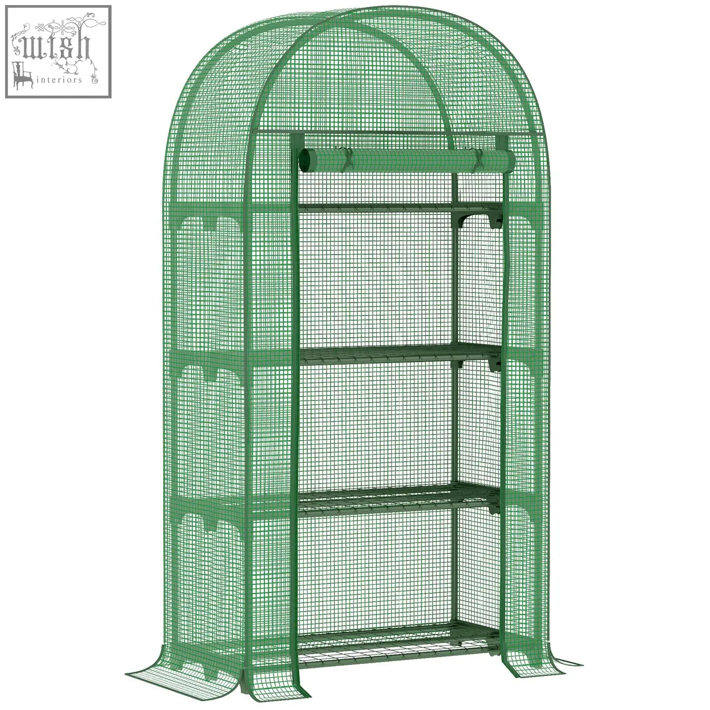 Green mesh 4 tier mini greenhouse with roll-up door, metal frame, and protective shell for portable outdoor gardening
