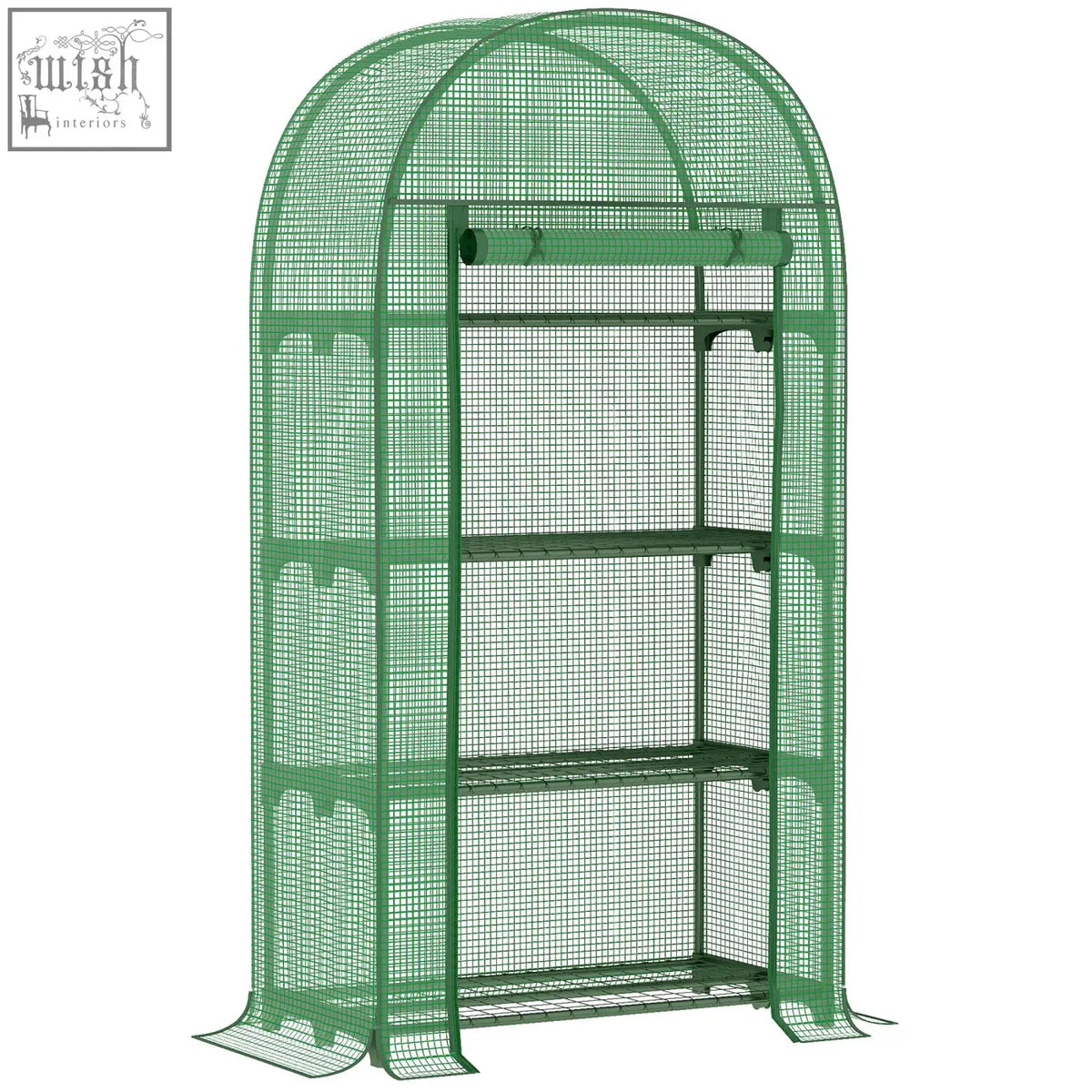 Green mesh 4 tier mini greenhouse with roll-up door, metal frame, and protective shell for portable outdoor gardening