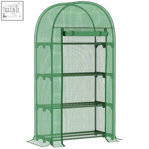 Green mesh 4 tier mini greenhouse with roll-up door, metal frame, and protective shell for portable outdoor gardening