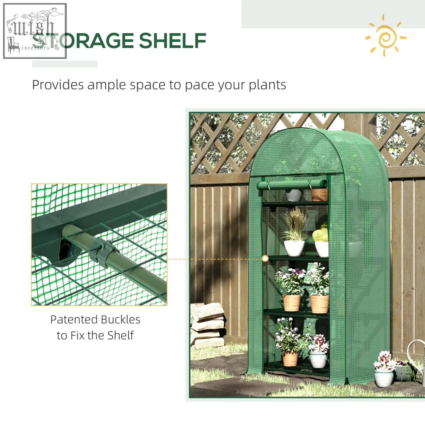 Green mesh greenhouse with metal frame and protective shell features 4 tiers and roll-up door for outdoor gardening