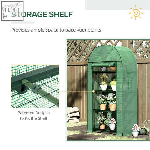 Green mesh greenhouse with metal frame and protective shell features 4 tiers and roll-up door for outdoor gardening