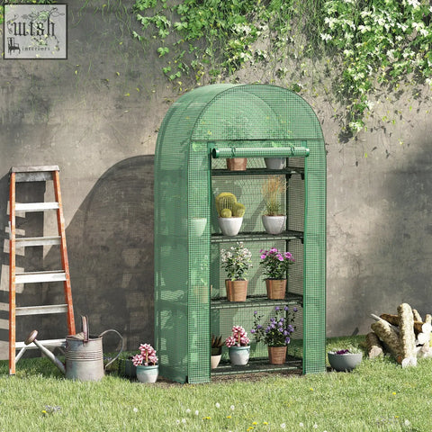 Outsunny 4 tier mini greenhouse in green with metal frame protective shell and roll-up door for portable outdoor gardening