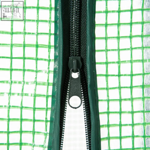 Outsunny 4 tier mini greenhouse with green mesh protective shell, black roll-up door zipper, and sturdy metal frame for gardening