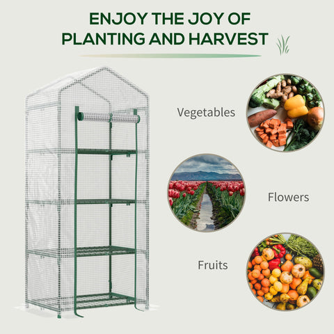 Green framed outsunny 4 tier mini greenhouse with steel frame, clear pe cover, roll up door for easy access