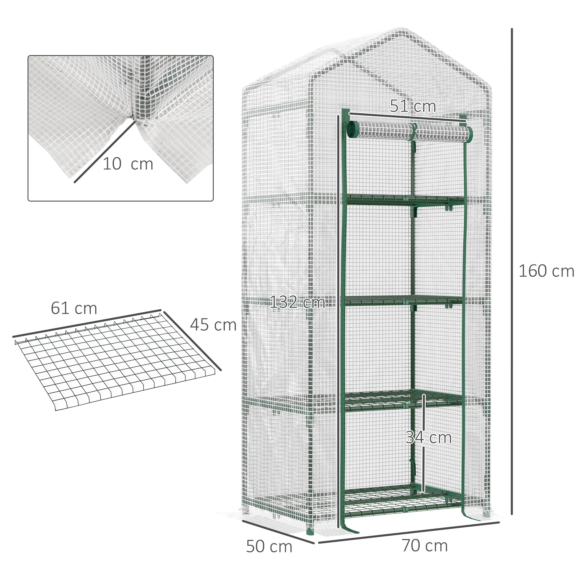 Green framed portable mini greenhouse with steel frame, transparent mesh walls, four shelves, and easy access roll up door