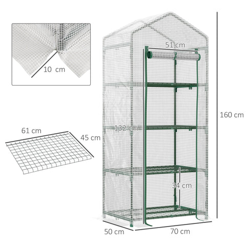 Green framed portable mini greenhouse with steel frame, transparent mesh walls, four shelves, and easy access roll up door
