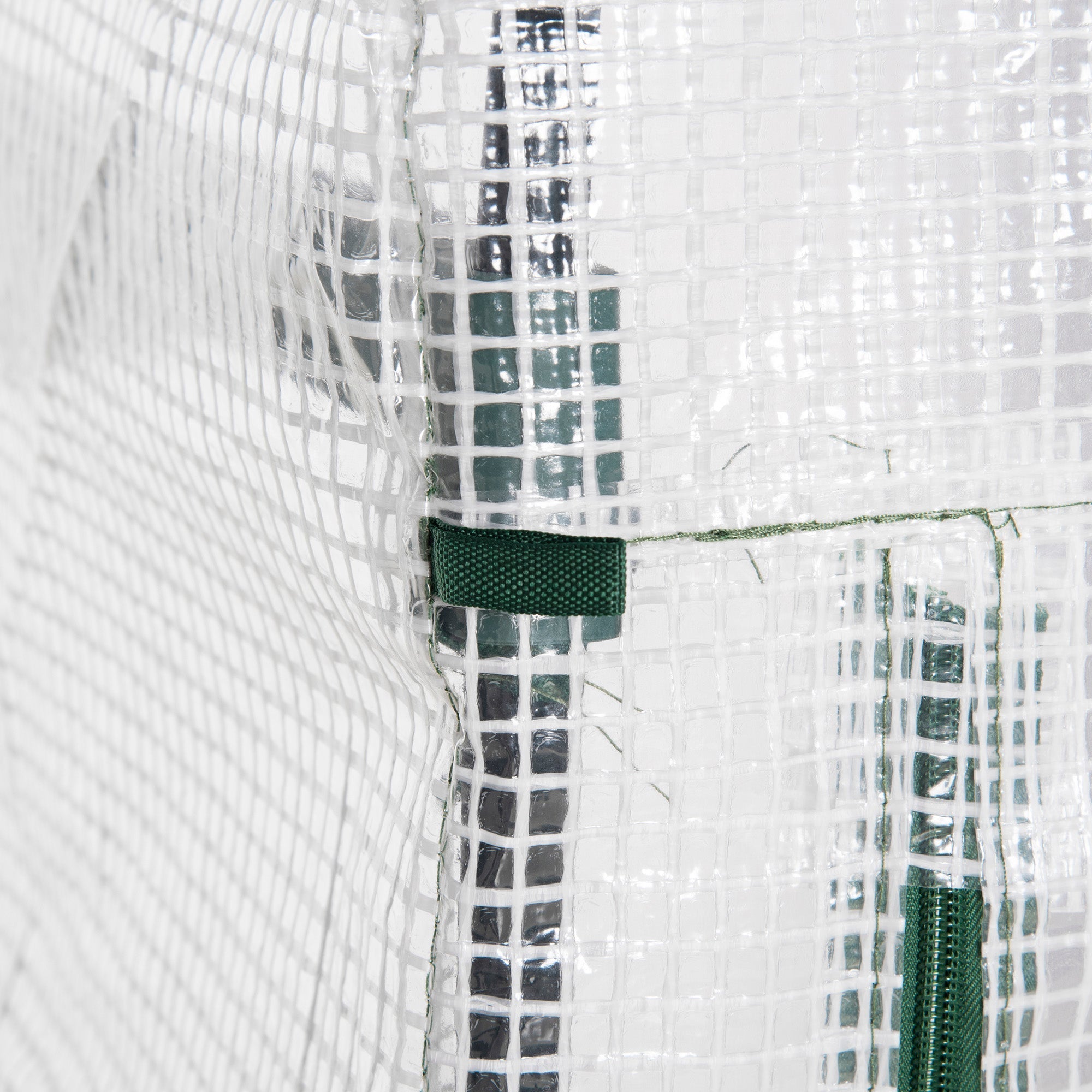 Outsunny 4 tier mini greenhouse with white mesh, green reinforced seams, steel frame, and easy access roll-up door