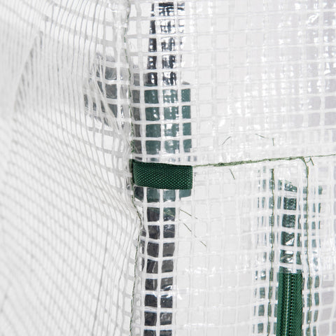 Outsunny 4 tier mini greenhouse with white mesh, green reinforced seams, steel frame, and easy access roll-up door