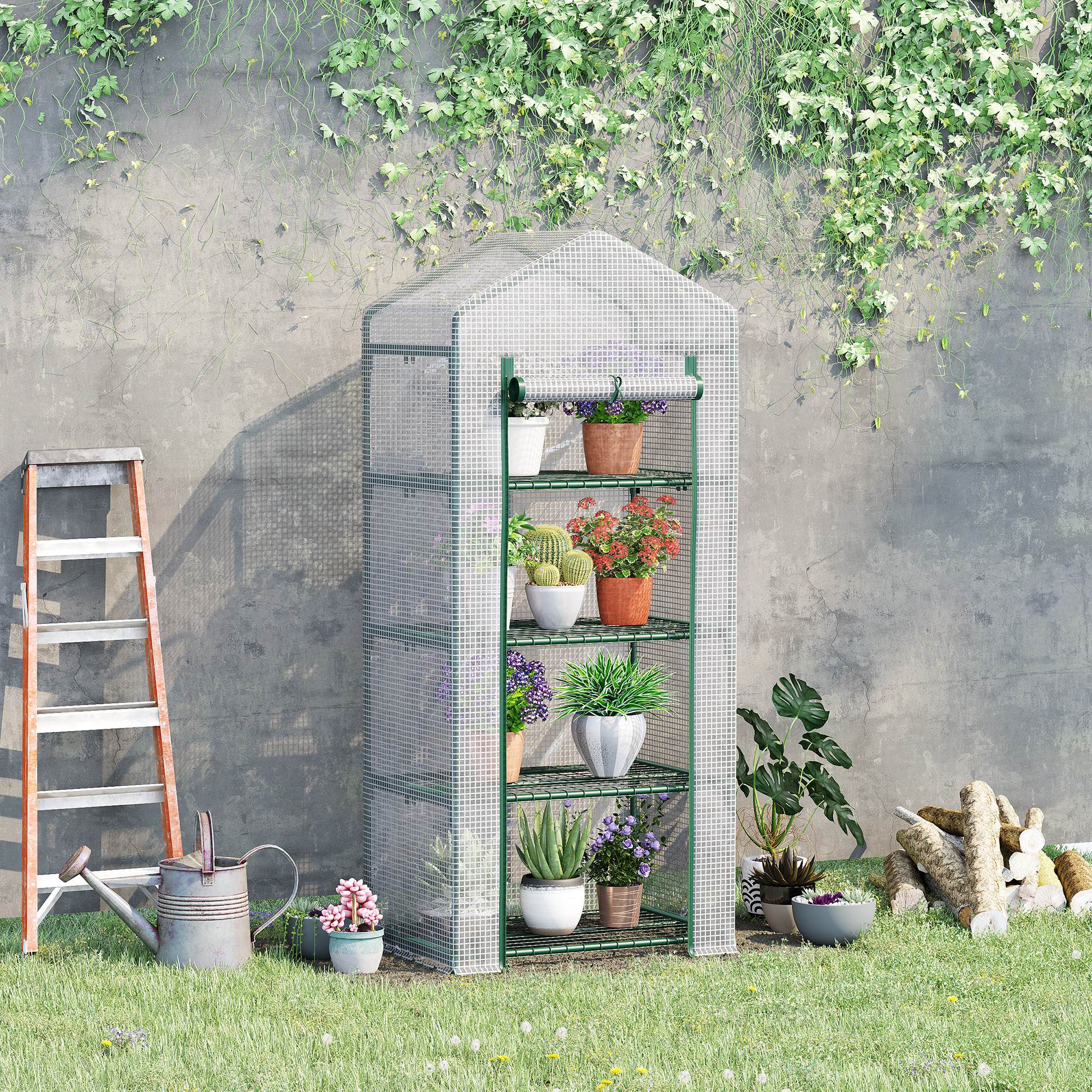 Green-framed outsunny 4 tier mini greenhouse with steel frame, transparent mesh walls, and easy access roll-up door