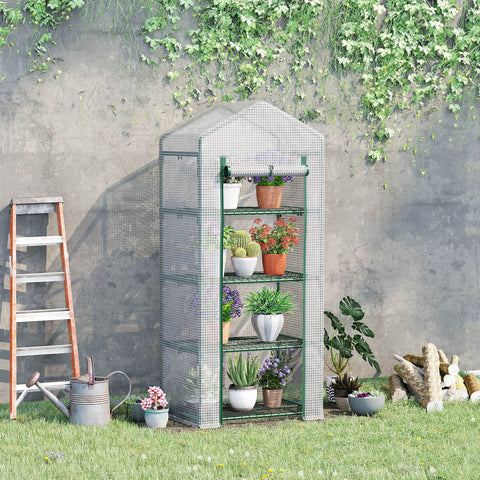 Green-framed outsunny 4 tier mini greenhouse with steel frame, transparent mesh walls, and easy access roll-up door