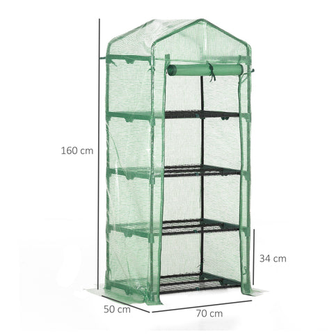 Outsunny 4 tier mini greenhouse with green mesh and steel frame featuring black metal shelves and easy access roll up door