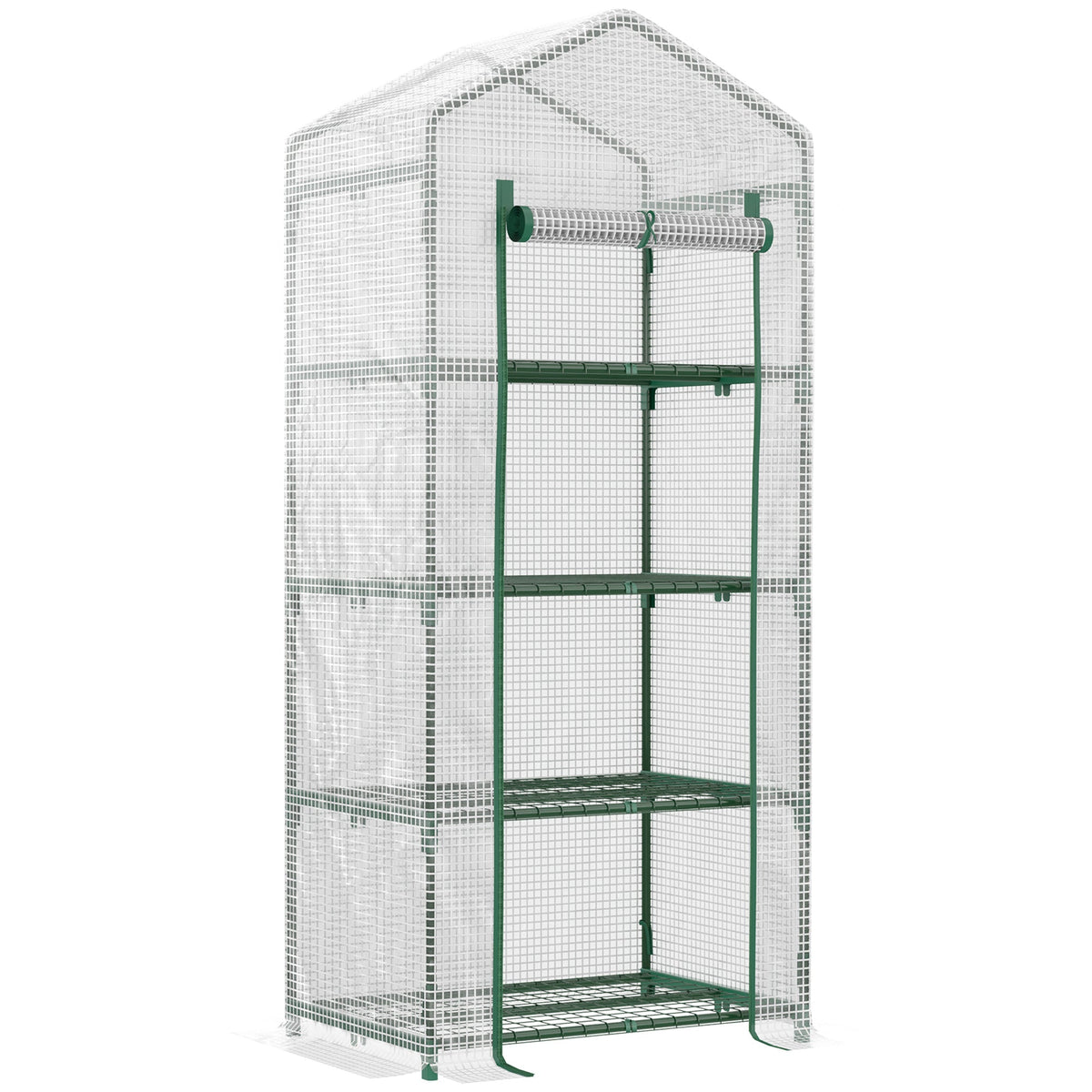 Green-framed outsunny 4 tier mini greenhouse with steel frame, transparent mesh walls, and easy access roll-up door