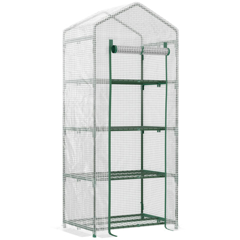 Green-framed outsunny 4 tier mini greenhouse with steel frame, transparent mesh walls, and easy access roll-up door