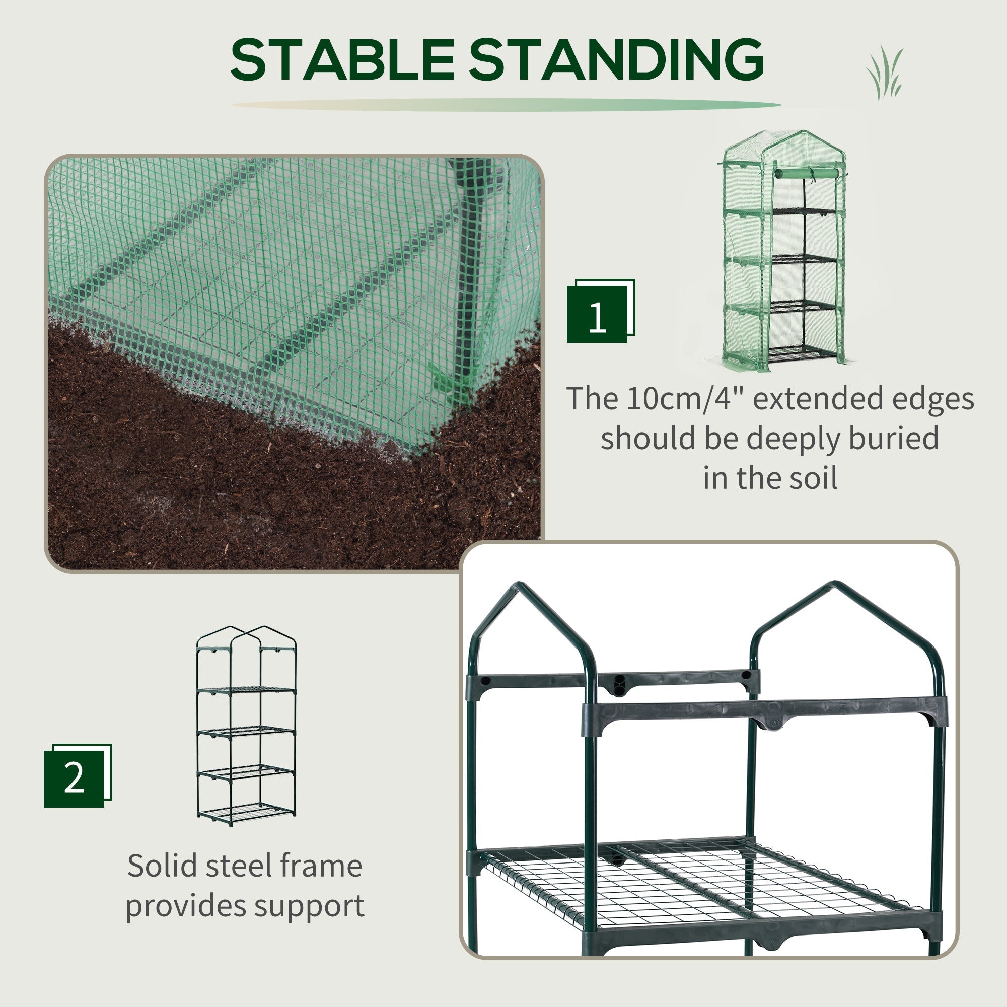 Outsunny 4 tier mini greenhouse with green mesh, steel frame, four shelves, and easy access roll-up door