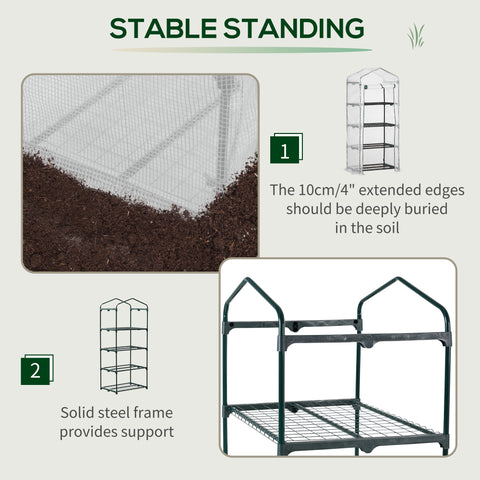 Green metal garden shelving unit with four tiers and wire mesh design featuring a steel frame for easy access