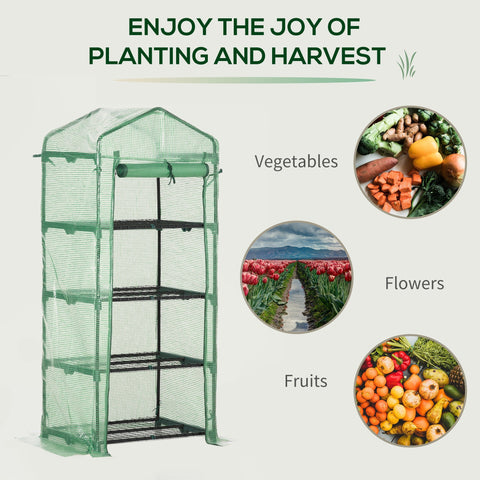 Outsunny 4 tier mini greenhouse in green with steel frame, black mesh, four shelves, and easy access roll-up door