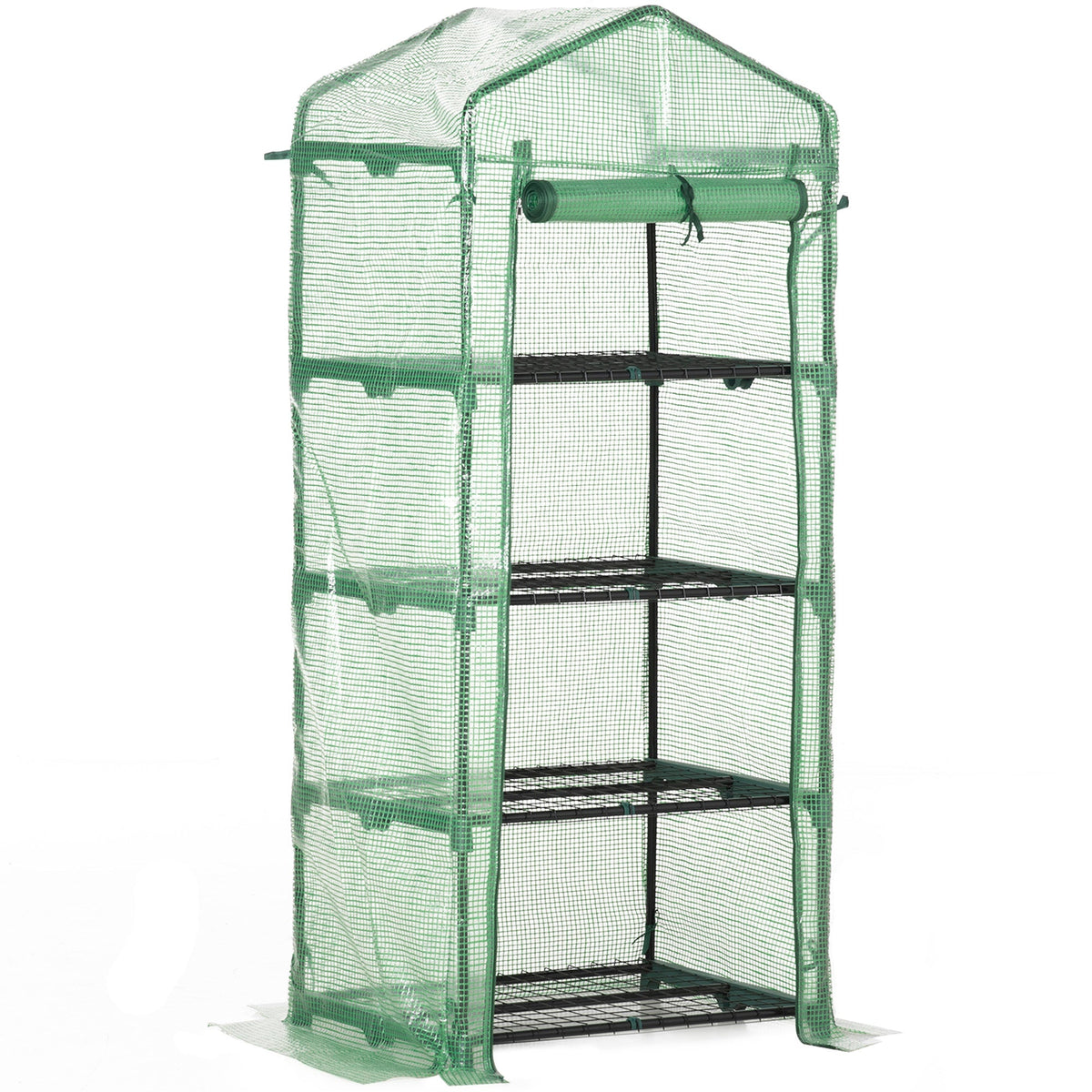 Outsunny 4 tier mini greenhouse with green mesh, steel frame, black metal shelves, and easy access roll-up door