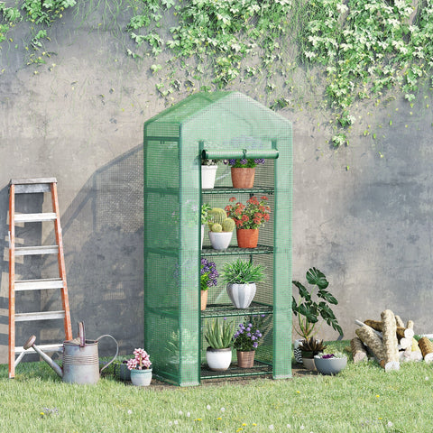 Outsunny 4 tier mini greenhouse with steel frame green mesh cover and easy access roll up door for potted plants