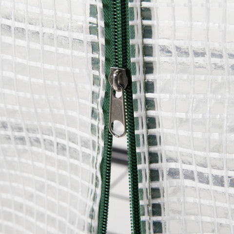 Green zipper with silver pull tab on Outsunny 4 tier mini greenhouse roll-up door for easy access steel frame design