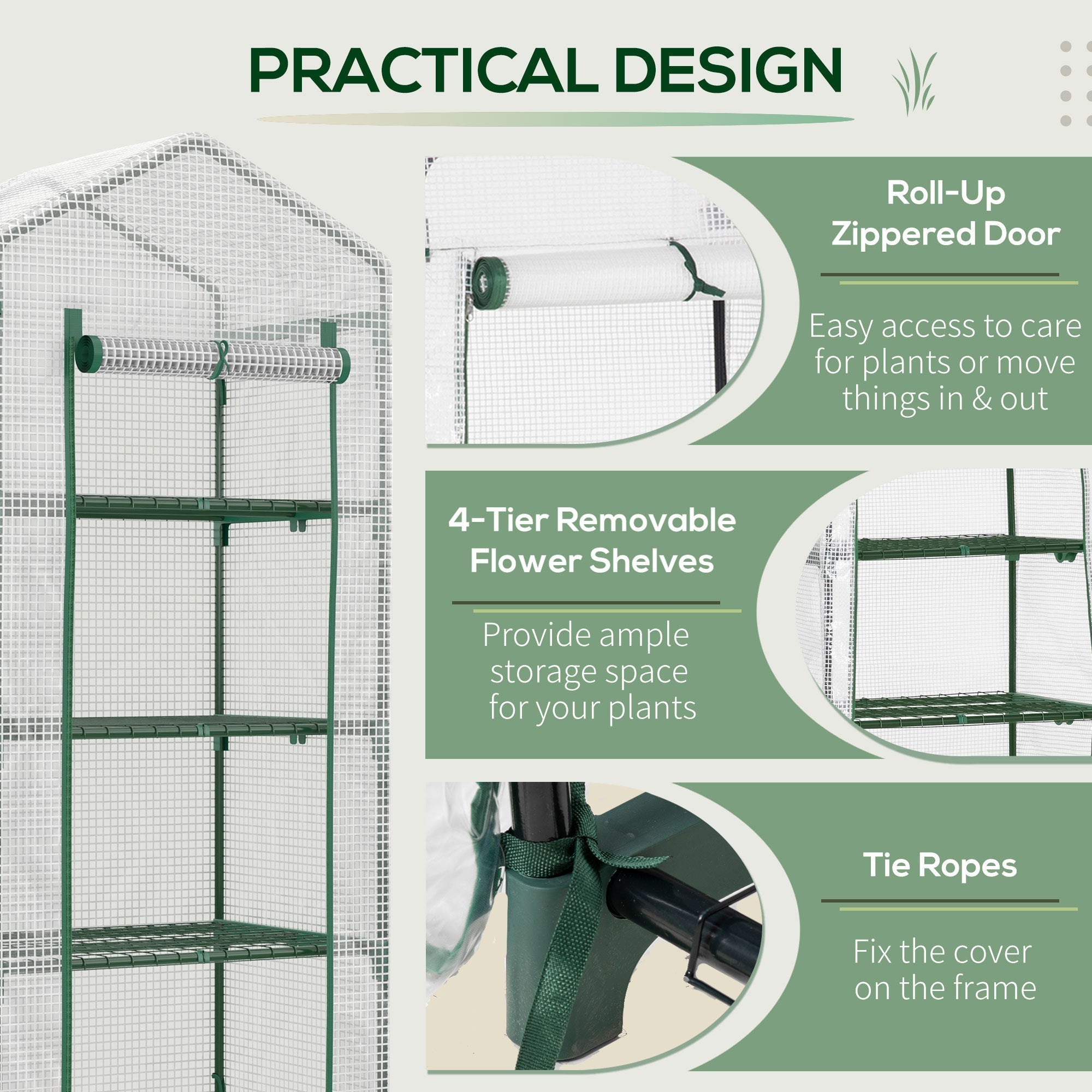 Outsunny 4 tier mini greenhouse with green steel frame, translucent pe cover, four removable shelves, and easy access roll-up door