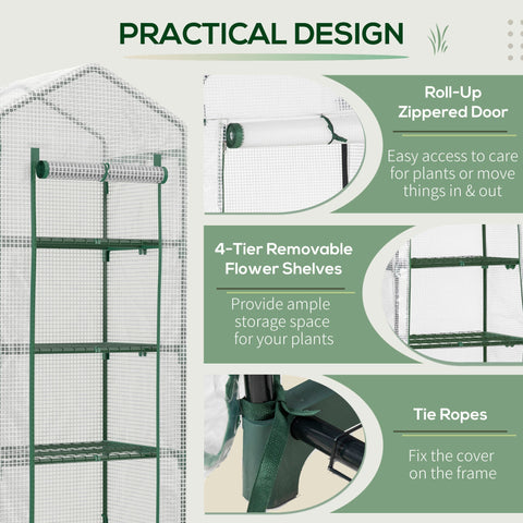 Outsunny 4 tier mini greenhouse with green steel frame, translucent pe cover, four removable shelves, and easy access roll-up door