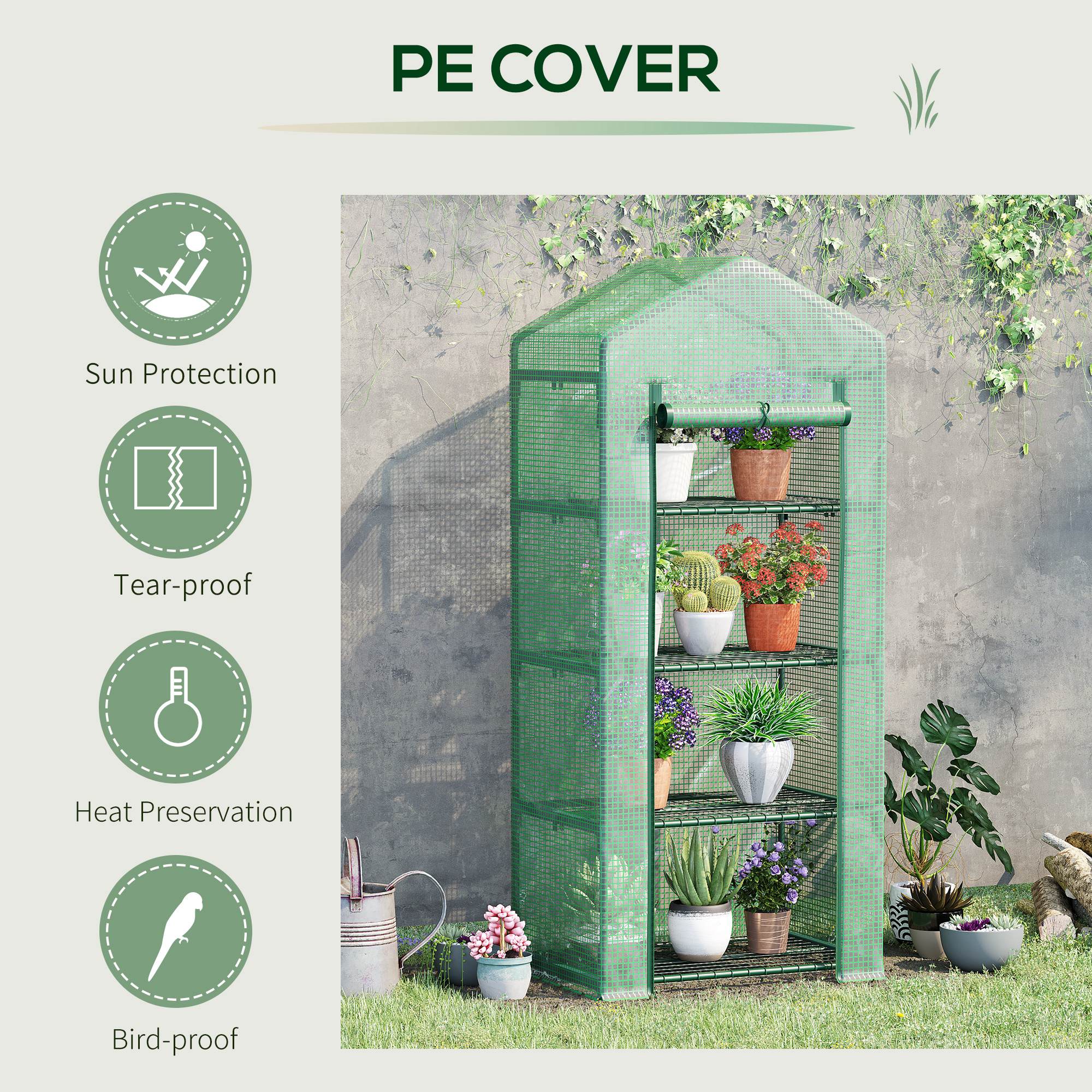 Green plastic greenhouse with steel frame and mesh sides for easy access featuring a roll-up door compact design