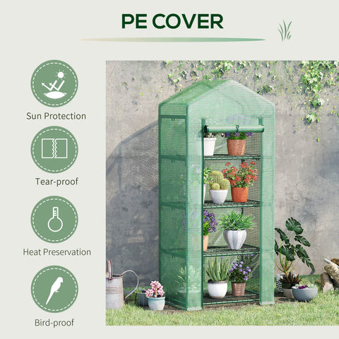 Green plastic greenhouse with steel frame and mesh sides for easy access featuring a roll-up door compact design
