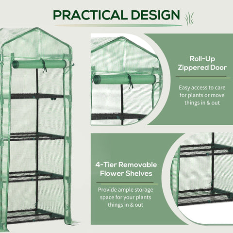 Outsunny 4 tier mini greenhouse with green pe cover steel frame and four removable shelves for easy access