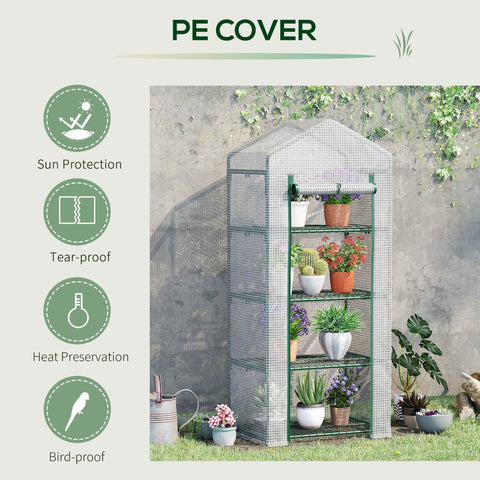 Outsunny 4 tier mini greenhouse with white pe cover, green steel frame, four shelves, and easy access roll-up door