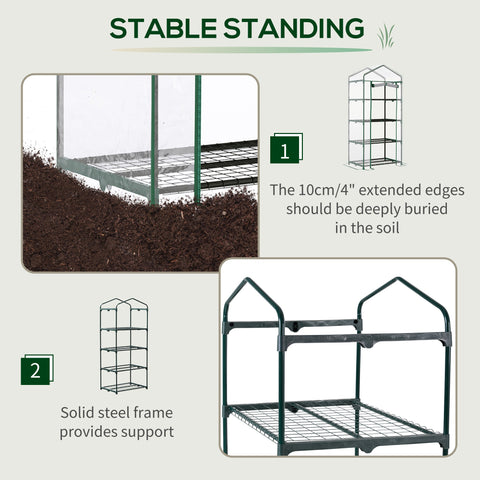 Outsunny green metal garden greenhouse with powder coated steel frame, pvc cover, and four inside wire mesh shelves