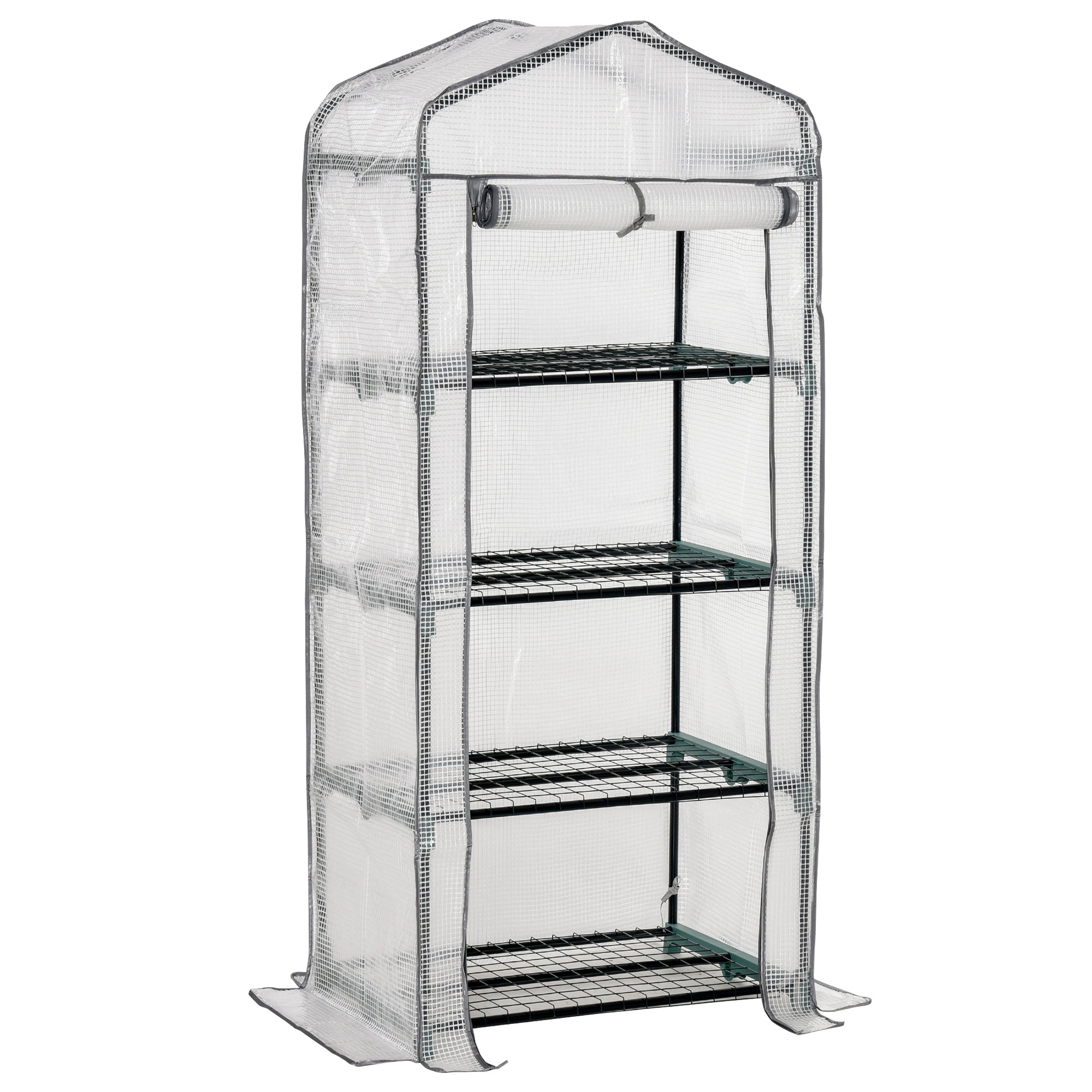 Outsunny portable greenhouse with clear pe cover and powder coated steel frame featuring four inside shelves