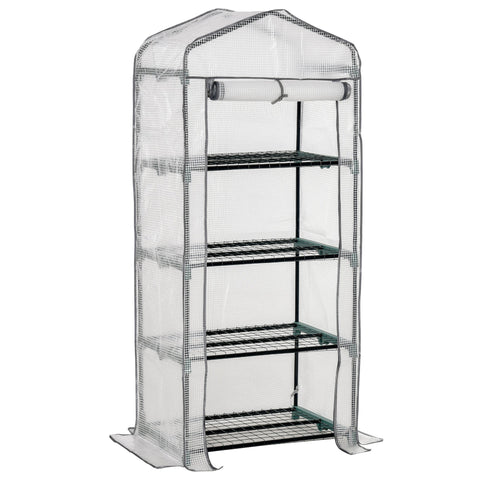 Outsunny portable greenhouse with clear pe cover and powder coated steel frame featuring four inside shelves