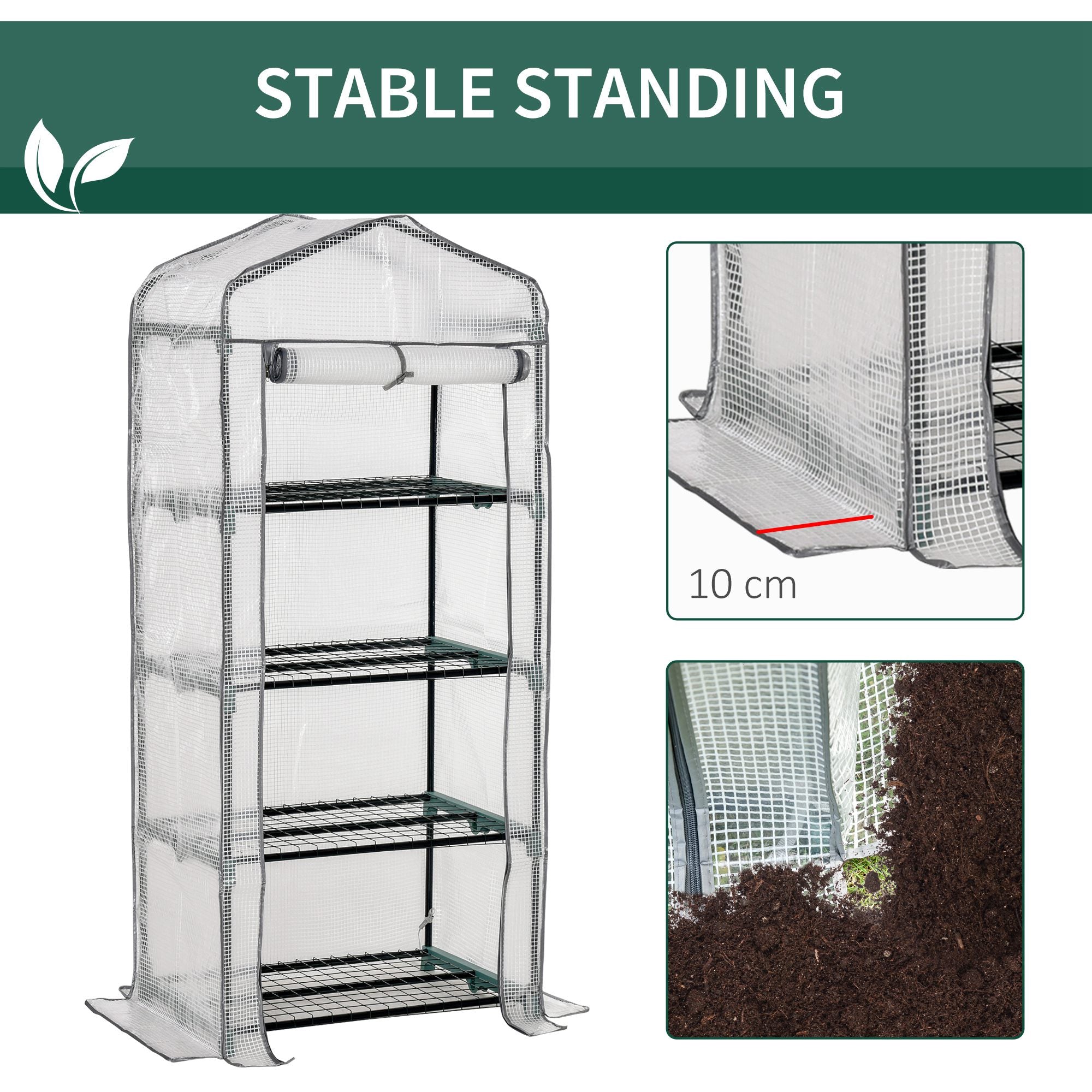 Clear plastic portable greenhouse with powder coated steel frame, four inside shelves, and reinforced base by outsunny