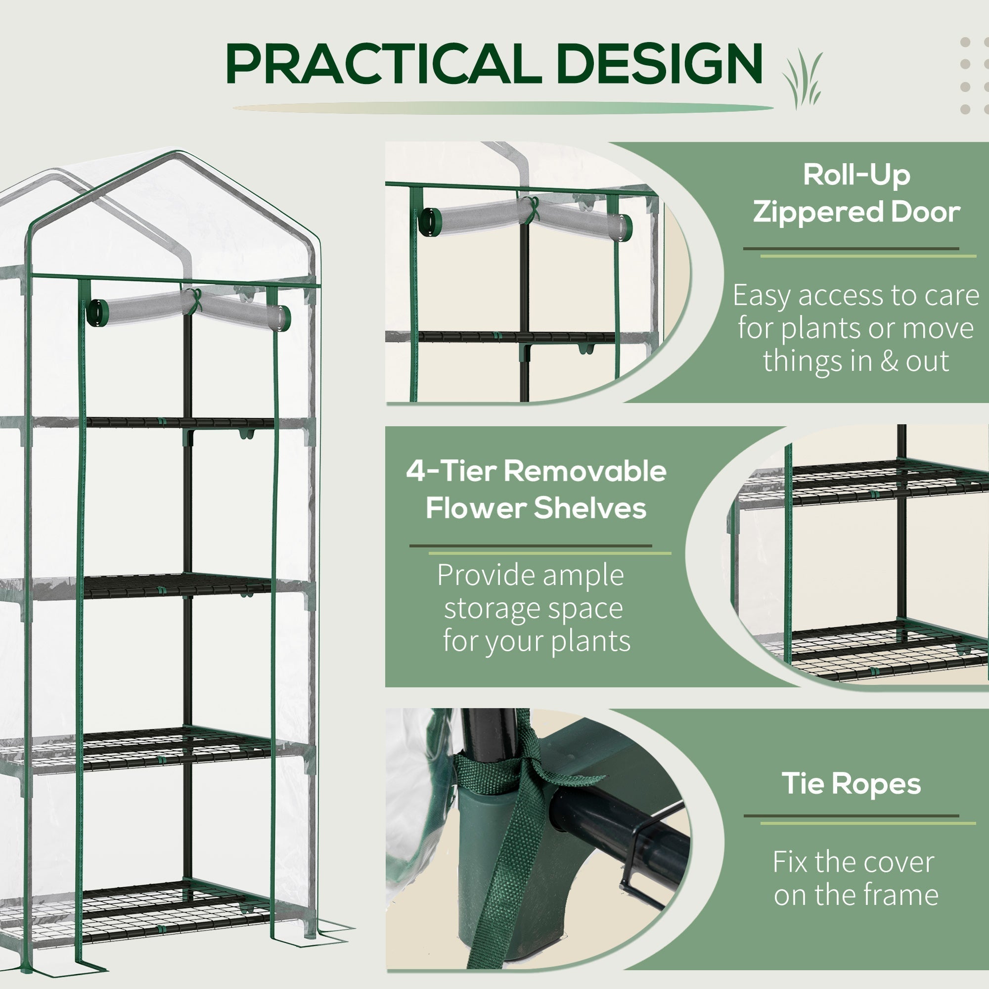 Green metal framed outsunny greenhouse with powder coated steel, pvc cover, and four inside shelves for plants