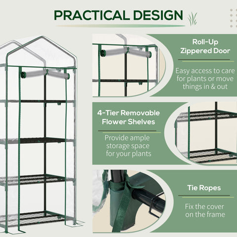 Green metal framed outsunny greenhouse with powder coated steel, pvc cover, and four inside shelves for plants