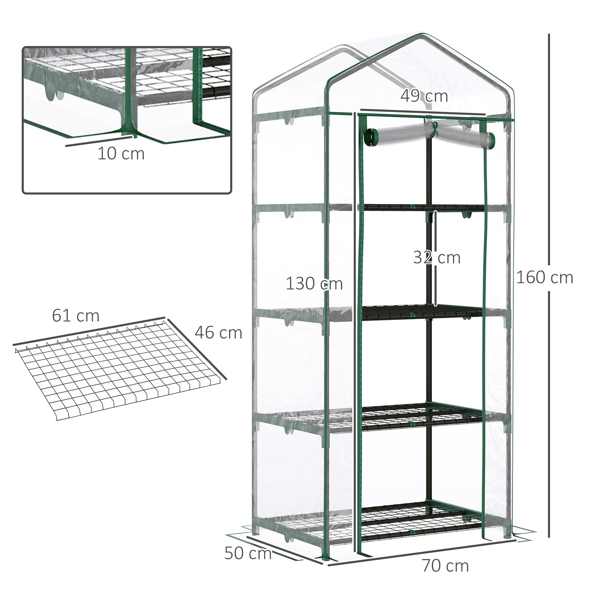 Outsunny green framed mini portable greenhouse with pvc cover powder coated steel frame and four inside shelves