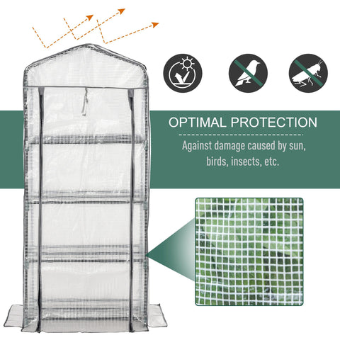 Transparent mesh portable greenhouse with silver powder coated steel frame and four inside shelves for plants