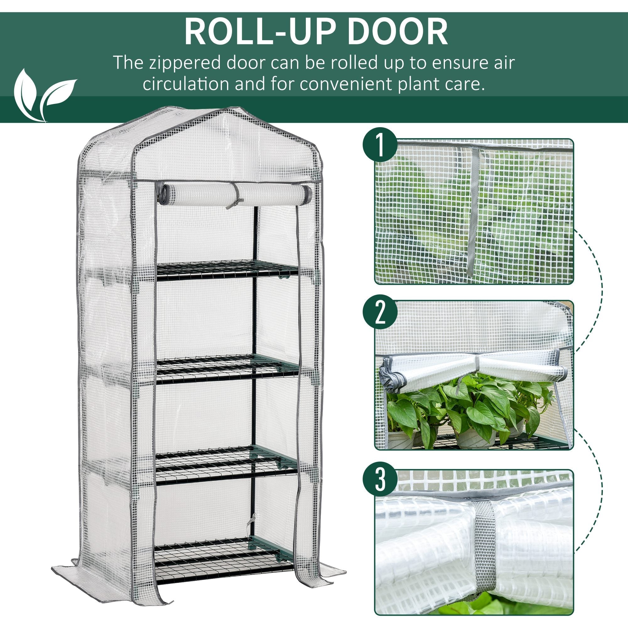Outsunny portable greenhouse with clear plastic cover, powder coated steel frame, and four inside shelves for plants