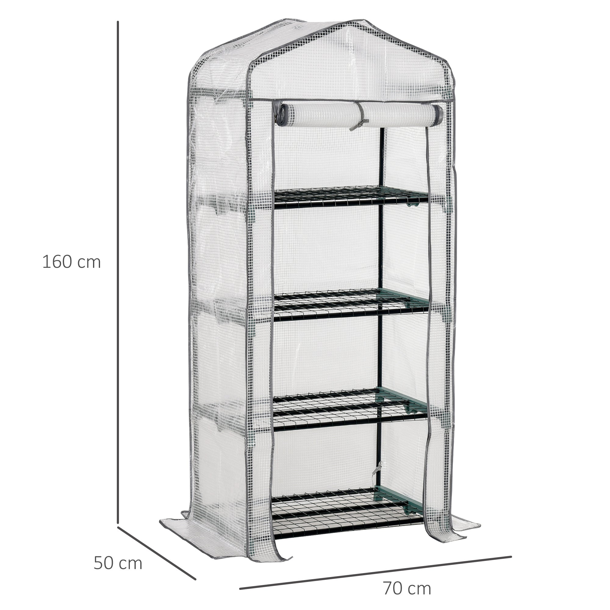 Transparent portable greenhouse with powder coated steel frame, five black wire shelves, and a roll-up clear plastic door