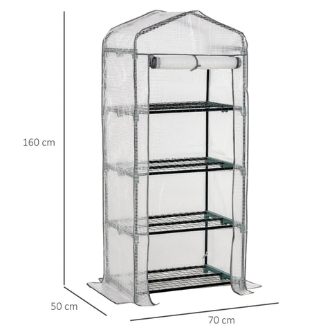 Transparent portable greenhouse with powder coated steel frame, five black wire shelves, and a roll-up clear plastic door