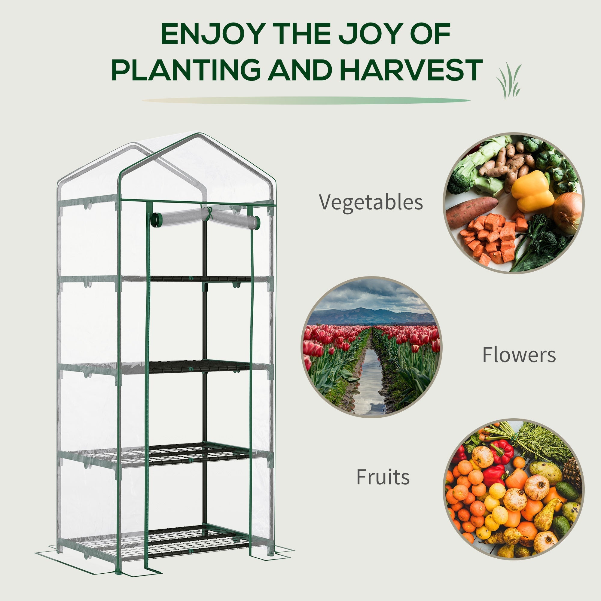 Outsunny green framed mini portable greenhouse with pvc cover powder coated steel frame and four inside shelves for plants